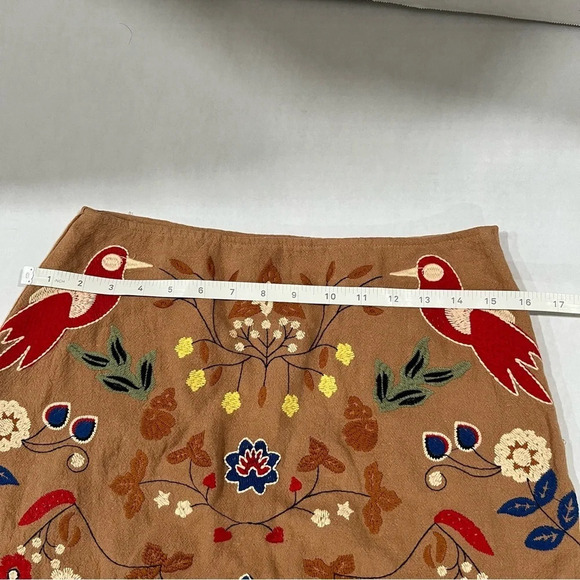 Umgee Embroidered Mini Skirt Women's Small Brown Boho Pom Pom Bird Floral - Picture 12 of 13